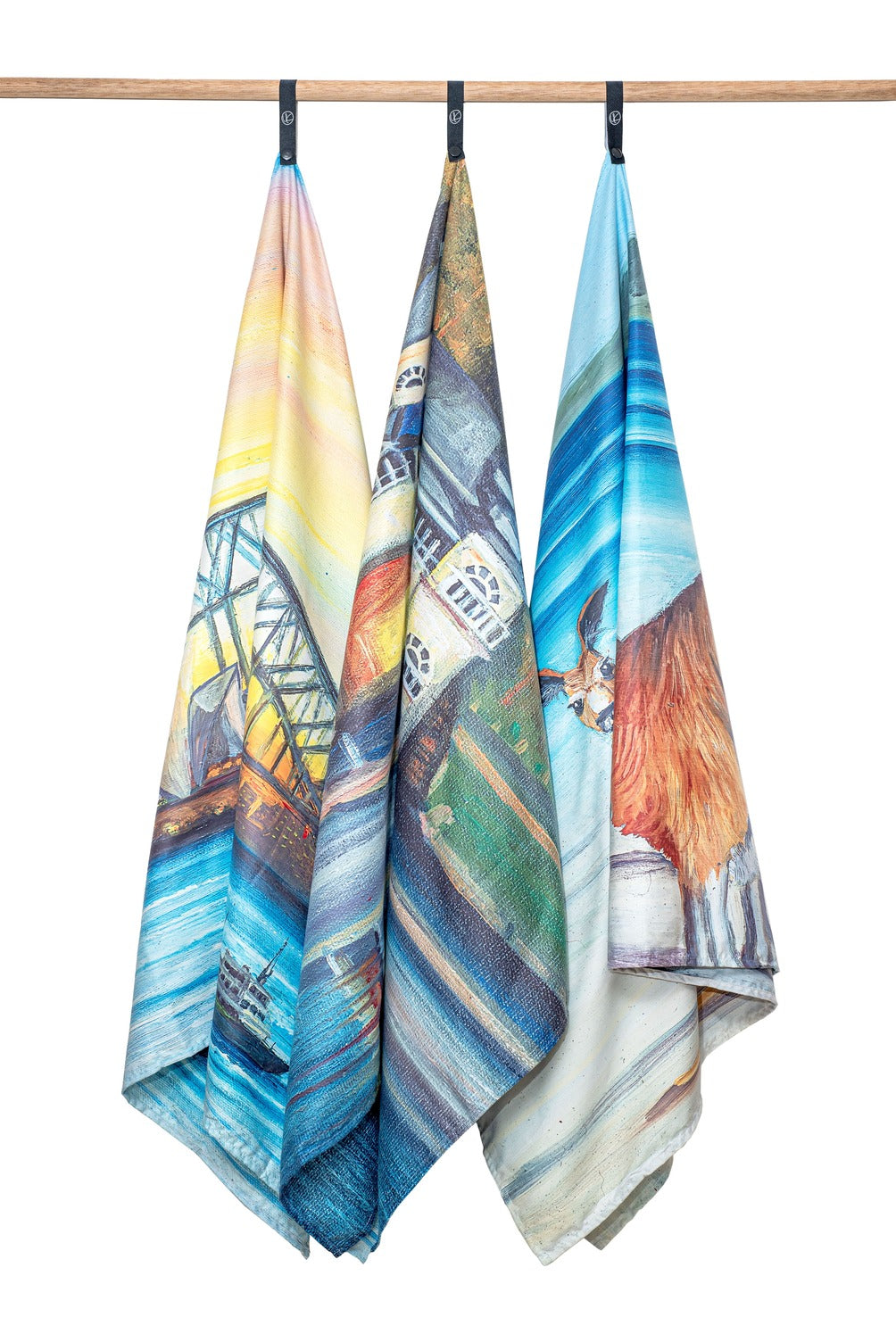 Sydney Harbour, Cottesloe Beach and Kangaroos Microfibre Artistic Towels hanging. Large size, 170cm x 95cm, soft touch, compact and sand free beach towel. An Aussie-inspired art showcasing magnificent landmarks and the Aussie lifestyle