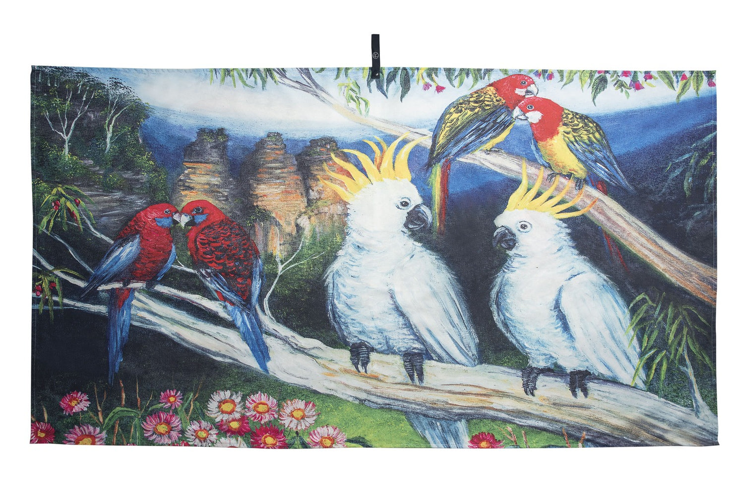 Blue Mountains microfibre artistic towel. The towel shows an art inspiration of New South Wales magnificent Blue Mountains. The art printed on the towel shows a greenery scenery of the Three Sisters and the mountains at the back involved in blue haze, Eucalyptus trees, pink flowers and Cockatoos, Rosellas, and Rainbow Lorikeets on a tree branch. Large size, 170cm x 95cm, soft touch, compact and sand free beach towel. An Aussie-inspired art showcasing magnificent landmarks and the Aussie lifestyle.