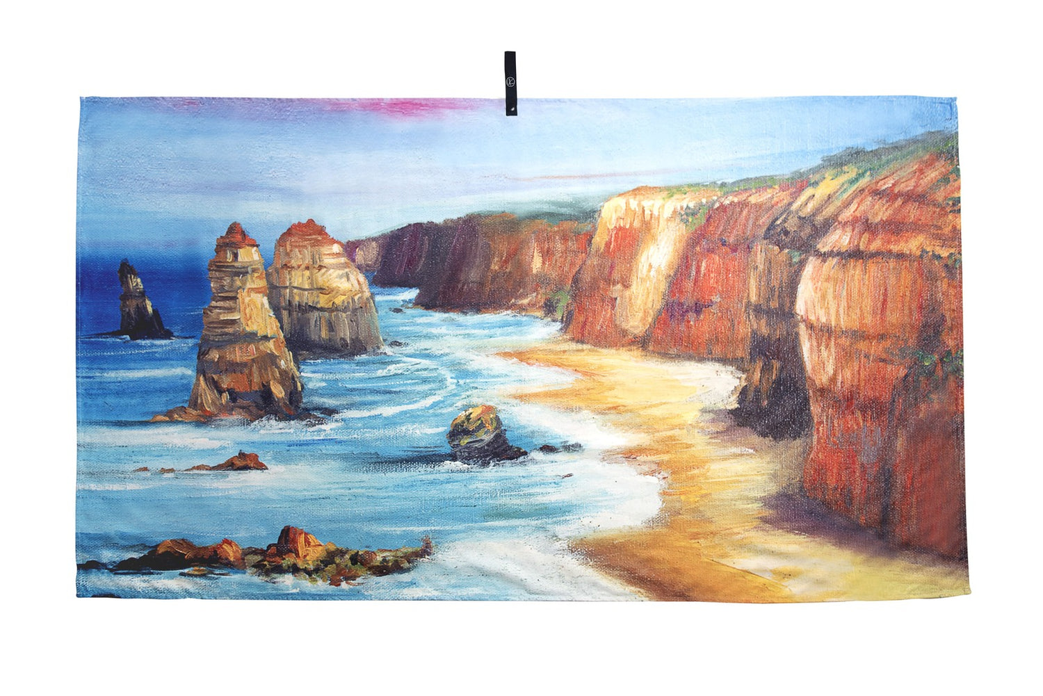 12 Apostles microfibre artistic towel. The towel shows an art inspiration of Victoria’s magnificent twelve apostles. The art printed on the towel shows the cliffs, the rough ocean, and sunset sky. Large size, 170cm x 95cm, soft touch, compact and sand free beach towel. An Aussie-inspired art showcasing magnificent landmarks and the Aussie lifestyle.