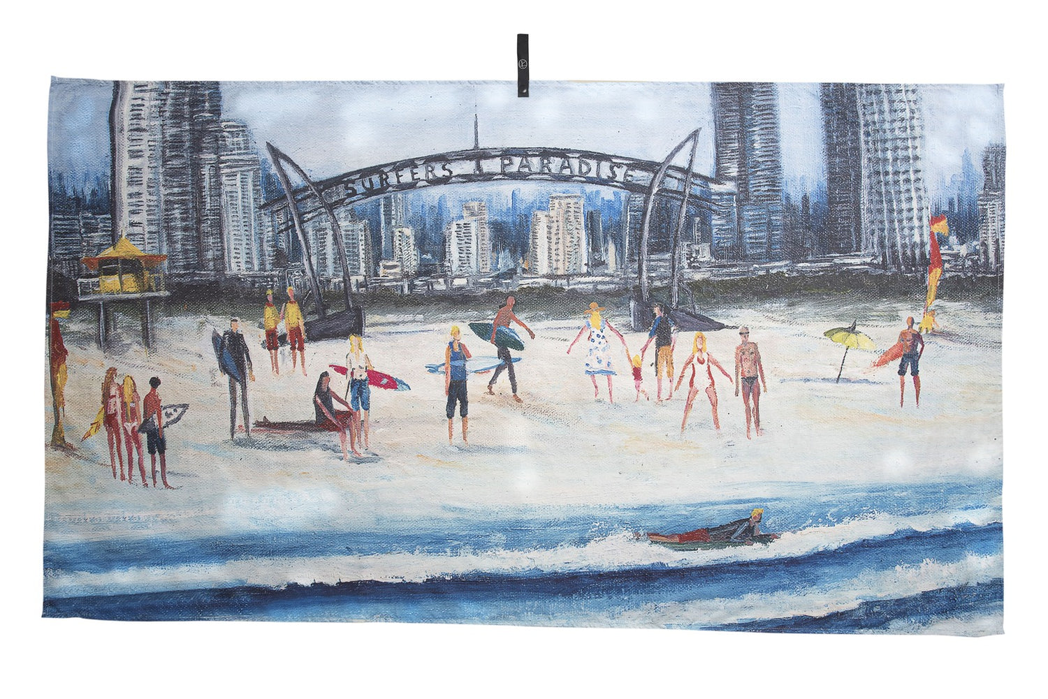 Surfers Paradise microfibre artistic towel. The towel shows an art inspiration of the Gold Coast’s suburb of Surfers Paradise. It includes at the beach the famous Surfers Paradise sign, the sea, lifeguards, yellow and red beach safety flag, lifeguard’s tower, surfers, families and kids, beach umbrellas and tall buildings at the back. Large size, 170cm x 95cm, soft touch, compact and sand free beach towel. An Aussie-inspired art showcasing magnificent landmarks and the Aussie lifestyle.