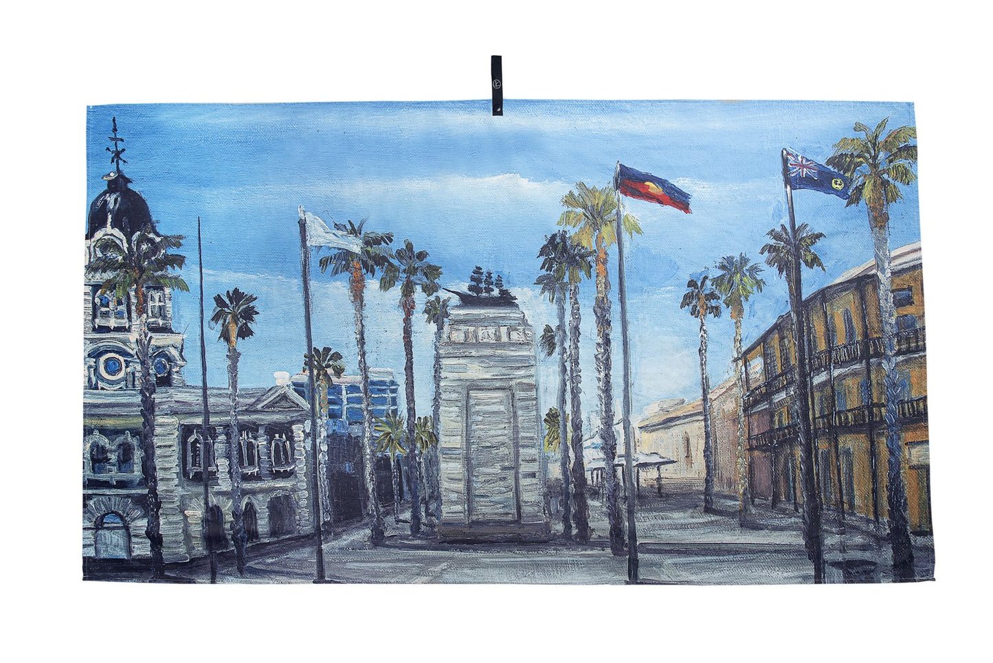 Glenelg Microfibre Artistic Towel. Our artistic towel shows the iconic Moseley square located in Glenelg, Adelaide. The artwork emphasis the Pioneer Memorial famous Tasmanian’s, the abundant palm trees, and the historical buildings. This Microfibre Artistic Towel is a true travel back in time! Large size, 170cm x 95cm, soft touch, highly absorbent and quick-drying, compact towel. An Aussie-inspired art showcasing magnificent landmarks and the Aussie lifestyle.