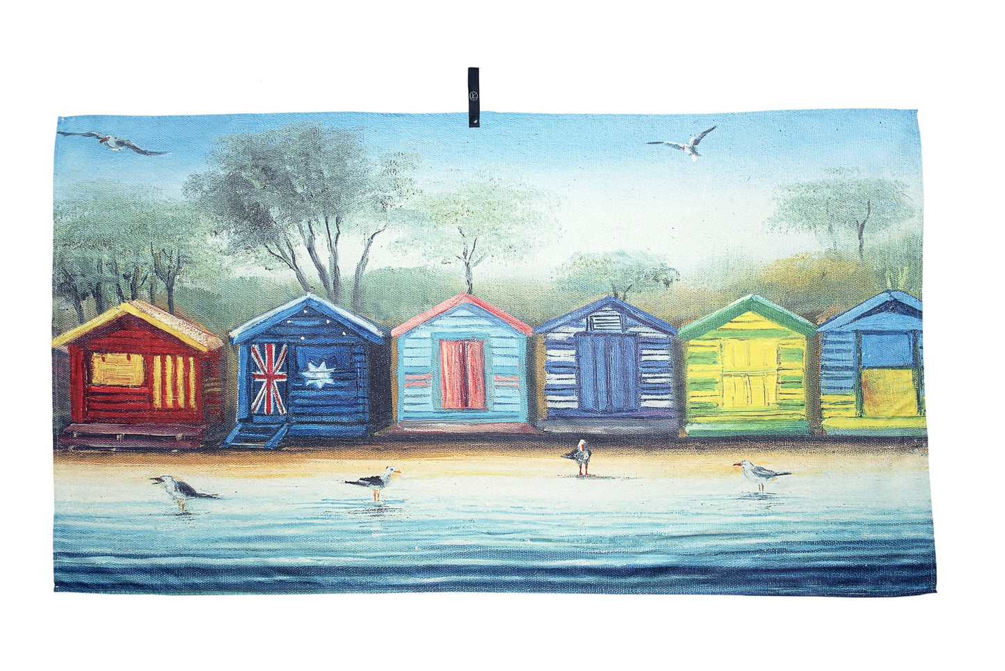 Melbourne’s Brighton Beach microfibre artistic towel. The towel shows an art inspiration of Victoria’s beautiful Brighton Beach. The art printed on the towel shows the colourful beach boxes, also called bathing boxes, including the one printed with Australia flag. The artwork also includes seagulls, a calm sea and Australian bush as a background. Large size, 170cm x 95cm, soft touch, compact and sand free beach towel. An Aussie-inspired art showcasing magnificent landmarks and the Aussie lifestyle