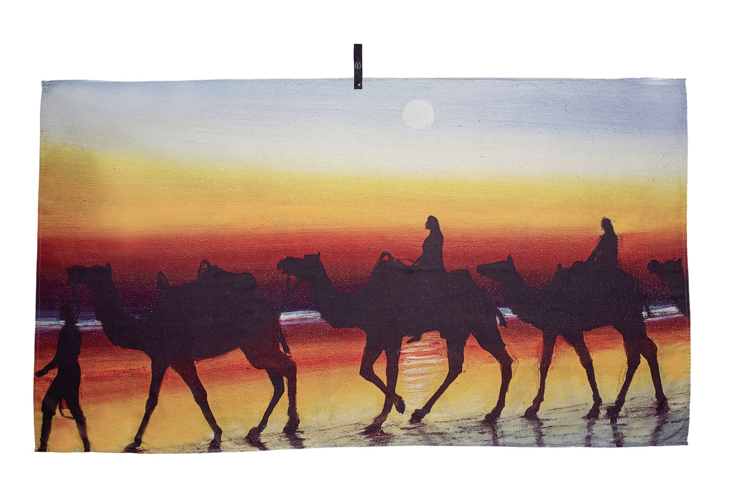 Broome microfibre artistic towel. The towel shows Broome’s famous camel ride at the beach during sunset and the full moon in the sky being reflected by the wet coastal sand. An art also inspired by the contrast of the red desert with the clear blue waters of the ocean. Large size, 170cm x 95cm, soft touch, compact and sand free beach towel. An Aussie-inspired art showcasing magnificent landmarks and the Aussie lifestyle.